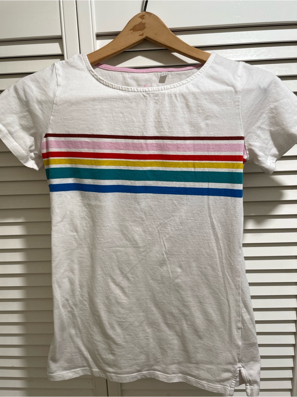 Boden White Tee with Pink, Red, Yellow, Green and Blue Stripes